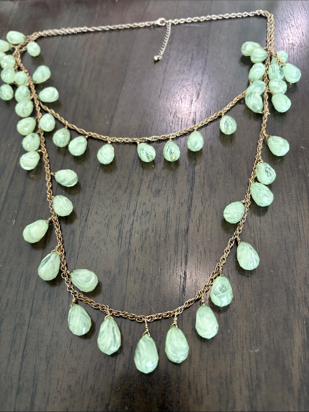 Gold Layered Necklace with Mint Green Teardrop Beads
